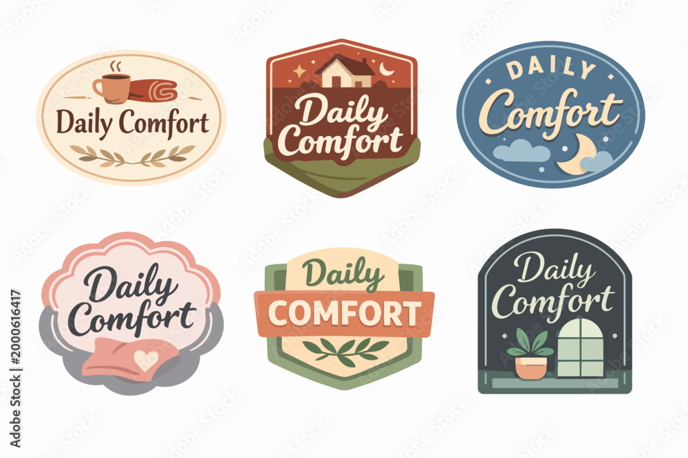 Fototapeta premium Branding concept with daily comfort logos, emblems, and badges for cozy lifestyle and home relaxation