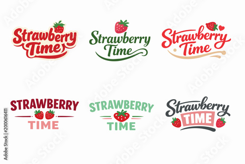 Strawberry time logos showcasing fruit lettering, calligraphy, and diverse typography for seasonal products and berry labels