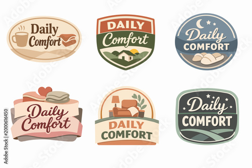 Daily comfort badges set showing various scenes symbolizing home, relaxation, and cozy domestic life