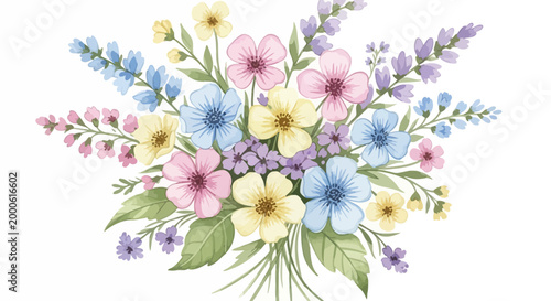 Beautiful watercolor flower bouquet with pastel colors on white background.