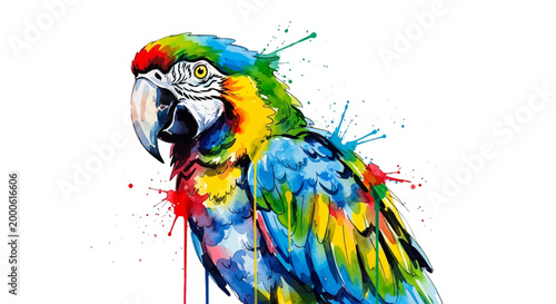 Colorful watercolor parrot splashing paint on a white background.