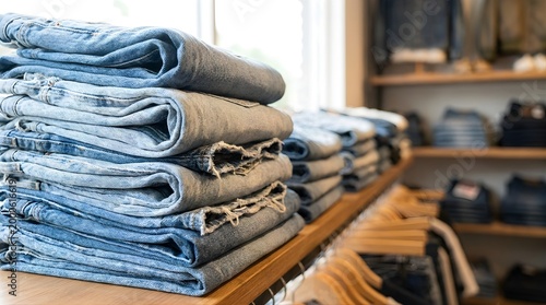 Folded jeans stacked on shelf in clothing store with hangers
