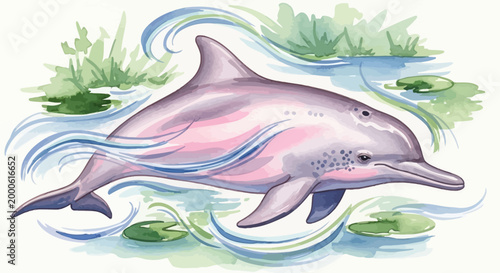 Graceful Pink River Dolphin Swimming in a Watercolor Pond