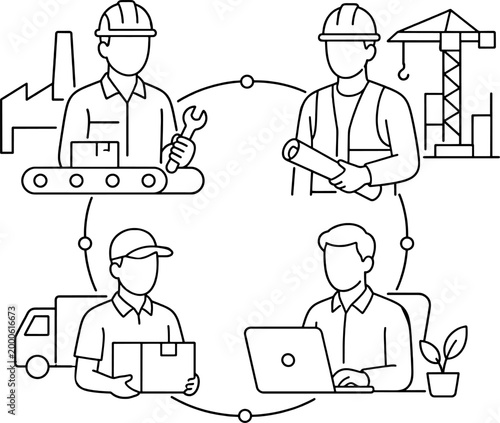 Supply chain management and industrial logistics concept with factory worker, construction engineer, delivery courier, and office manager in circular connection line art illustration
