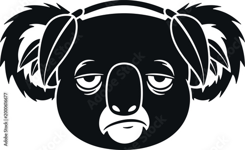 Sad koala face wearing headphones icon on white background vector art.