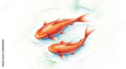 Two koi fish swimming in clear water with soft green leaves