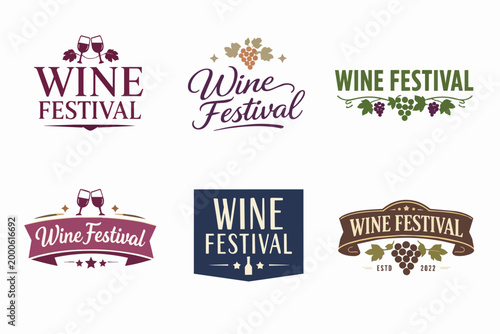 Wine festival logo collection displaying various design styles for labels, badges, and stickers used in vine events
