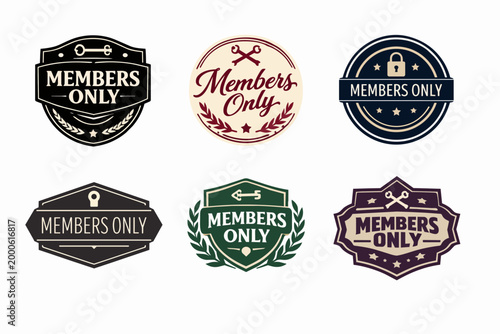 Members only badges and labels signifying exclusive access or premium content for a specific community or service