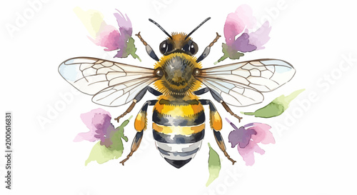 Watercolor illustration of a honey bee with pink flowers on white background