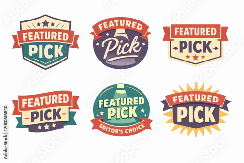 Featured pick badges and labels collection with editor's choice highlighting recommended quality products or services