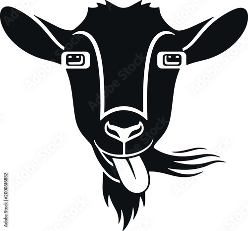 Goat head with horns and tongue sticking out icon vector art illustration.