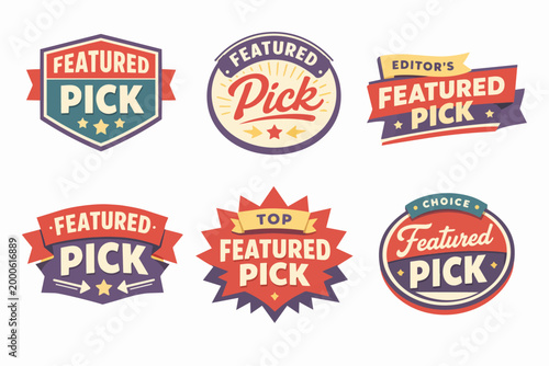 Featured pick badges with quality stars and ribbons, representing best choice, top selection, and recommended product labels