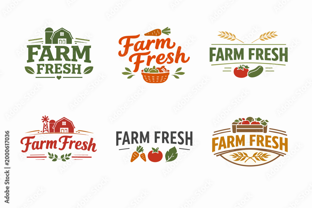 Obraz premium Collection of farm fresh logos and labels for organic food, natural produce packaging, and healthy eating advertising