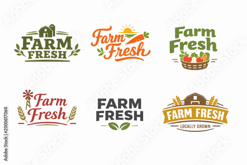 Farm fresh logos collection displaying organic food and local produce branding, marketing natural agricultural products