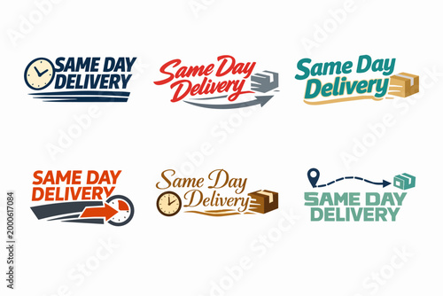 Same day delivery logos set conveying fast shipping, express service, quick logistic solutions, and punctual package arrival badges