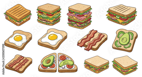 A vibrant collection of twelve delicious and diverse sandwich and toast illustrations, showcasing various ingredients and preparations.