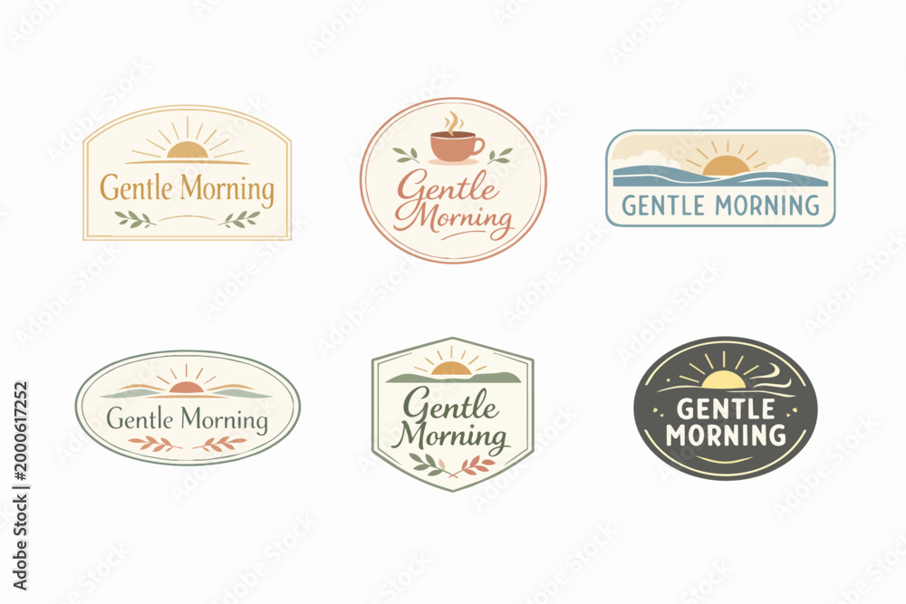 Obraz premium Set of gentle morning logo designs featuring sunrises, hills, waves, coffee cups, leaves in aesthetic style