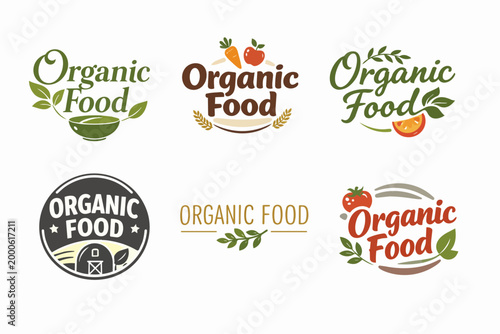 Organic food logo set, featuring healthy natural farm products for ecological agriculture and dietary eating