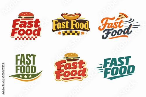 Grouping of fast food logo designs with appealing typography, representing menu items like burgers, hot dogs, and pizza for branding