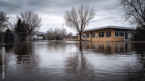 Flooded school building surrounded by still water under gray sky