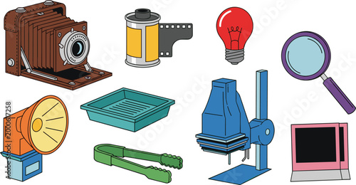 Vintage Photography and Technology Icon Set with Camera, Film, Light Bulb, Magnifying Glass, and Retro Electronics for Websites, Apps, and Digital Media Designs.