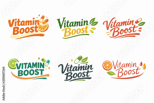 Vitamin boost logo set offering diverse designs with citrus, leaves, and capsules for healthy lifestyle branding
