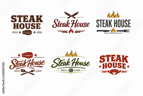 Steak house logos collection featuring grilling tools, flames, and beef cuts for restaurant branding