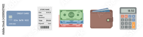 Financial transaction elements including credit card, receipt, money, wallet, and calculator illustrating various aspects of personal finance and spending.