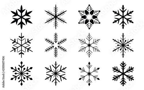 Black snowflakes on white background winter icons snowflake designs frosty patterns