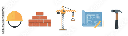 Construction tools and building materials are essential elements for any architectural project, symbolizing safety, planning, and manual labor.