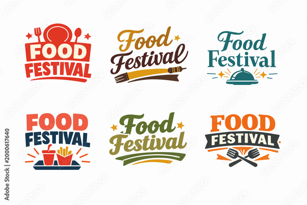 Obraz premium Food festival logos set with diverse graphic elements representing dining, cooking activities, and gastronomic celebrations