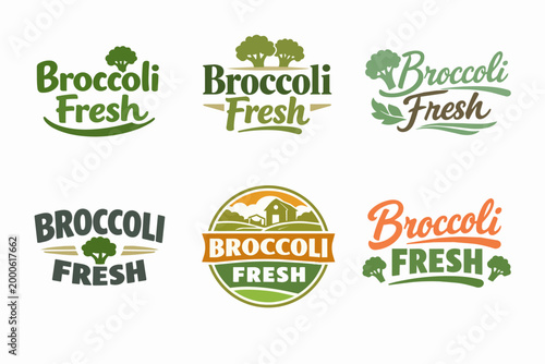 Broccoli fresh logos set of branding elements vector, offering organic healthy market food and agriculture designs