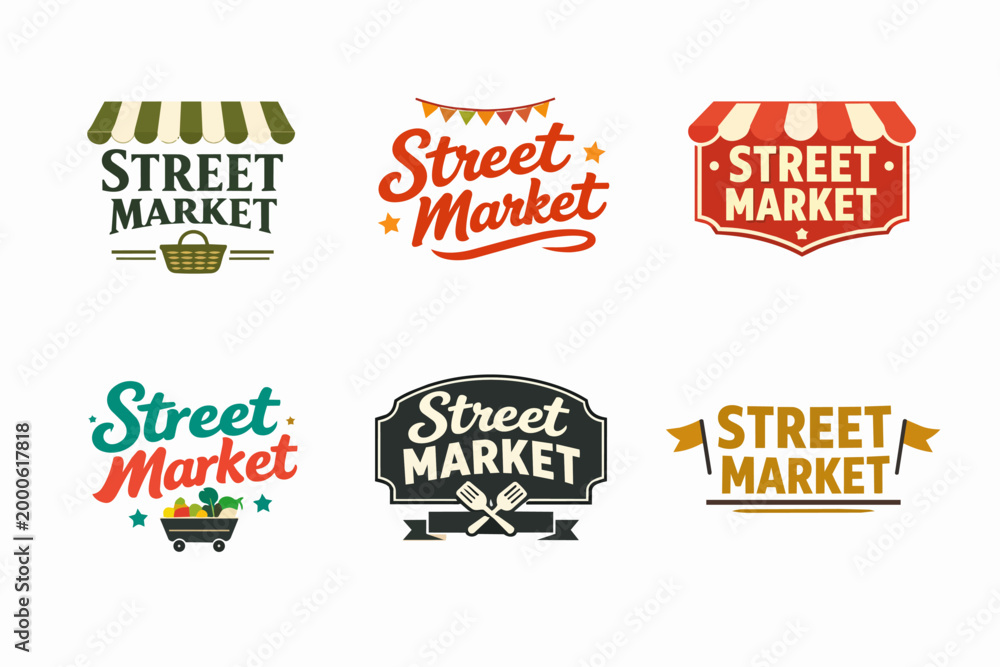 Obraz premium Street market logos collection displaying various styles for local farm produce, food bazaar, and retail badge designs