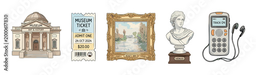 Museum building, admission ticket, classical sculpture, and framed painting are essential elements for a rich cultural and educational experience.