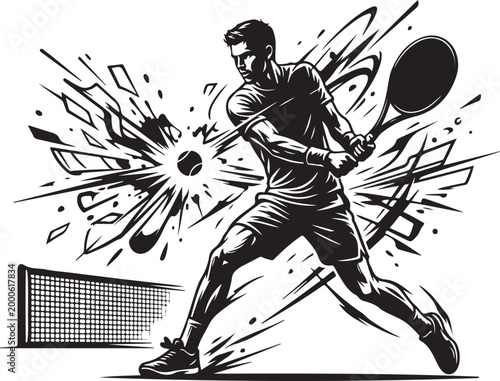 Dynamic male tennis player hitting ball with energy splash, action shot on court