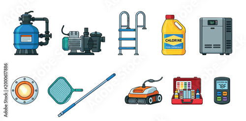 Swimming pool equipment and supplies set for maintenance and cleaning, including pumps, filters, chemicals, and various tools, essential for keeping water pristine.