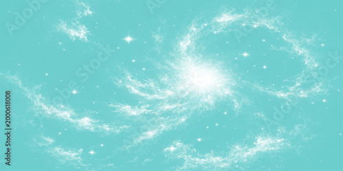 A celestial sky in shades of aqua presents a spiral of luminous clouds. A central bright light radiates, hinting at a hidden energy source.
