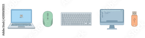 Various computer devices and peripherals are neatly arranged in a clean, modern flat design style, representing essential technology for work and daily life.