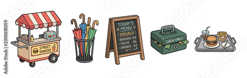 Street food vendor essentials are neatly arranged, showcasing a snack cart, menu board, cash box, and colorful umbrellas for customers.
