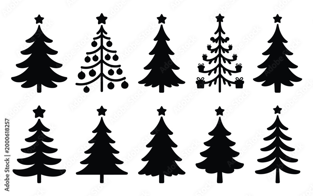 Obraz premium Various christmas tree silhouettes with decorations and stars on white background
