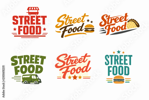 Street food collection on white background, six diverse branding logos for fast food trucks and carts