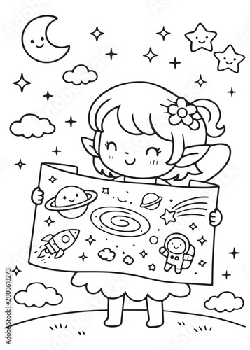 coloring book page fairy studying the solar system with a space poster and happy curiosity