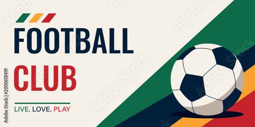 Football club. Horizontal banner. Soccer ball, abstract shapes. Modern flat vector design with vibrant colors. Perfect for sporting events, football championships, marketing materials, and web banner