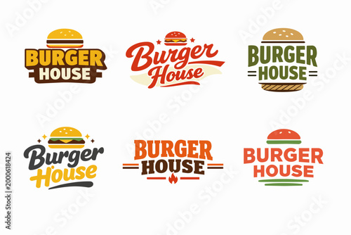 Burger house logos collection offering various retro and modern designs for fast food restaurants and snack bars
