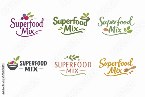 Superfood mix logo collection presenting health, organic nutrition, and natural ingredients for dietary products