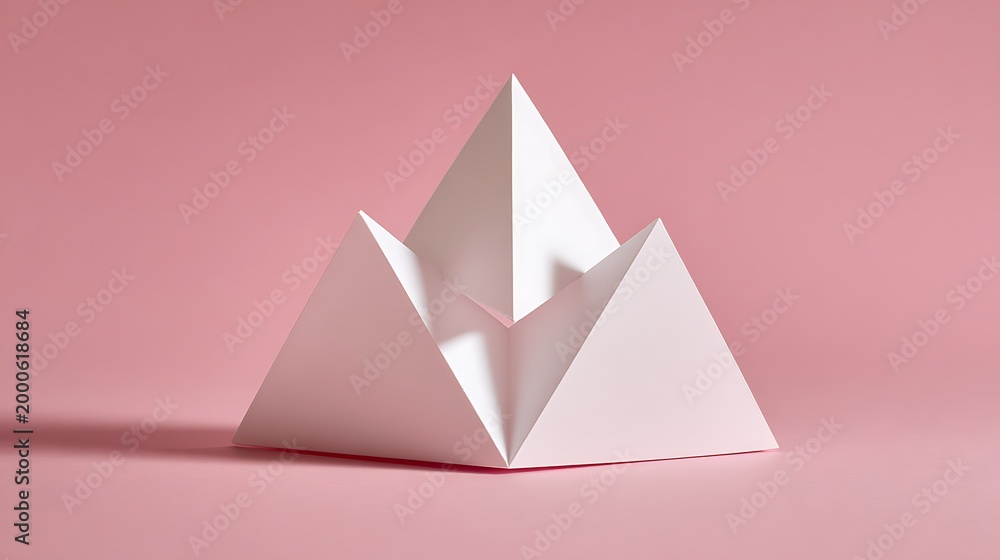 Naklejka premium White paper pyramid structure on a solid pastel pink background