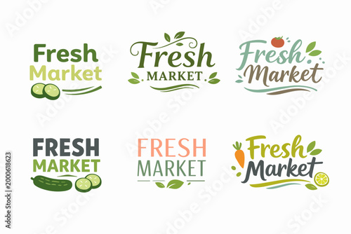Fresh market logo design collection representing healthy eating, organic food, and local produce with various natural elements