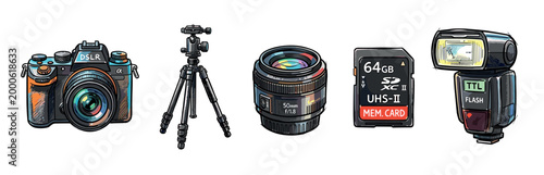 Photography equipment collection featuring a DSLR camera, sturdy tripod, prime lens, high-speed memory card, and powerful external flash unit for professional imaging.