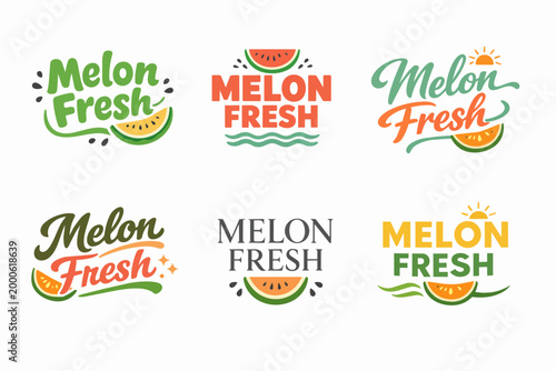 Collection of melon fresh logo designs, featuring fruits, text, and typography for healthy food and natural product branding