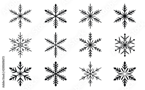 Black snowflakes on white background winter weather symbols frosty patterns and designs
